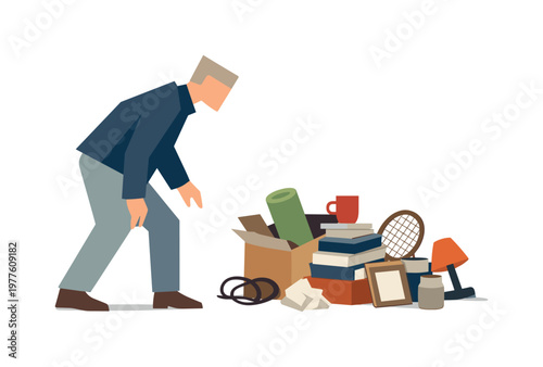 Individual stepping into the clutter to examine it closely, preparing to decide what can be removed. Stylized editorial character