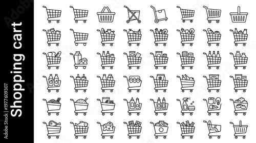 Shopping cart line style icons, 40 unique objects including supermarket cart, grocery cart, hand basket, foldable cart, push cart,