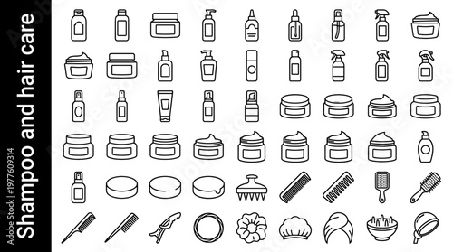 Shampoo and hair care line style icons, 40 unique objects including shampoo bottle, conditioner bottle, hair mask jar, leave-in