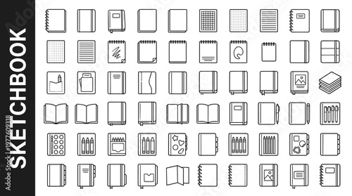 Sketchbook line style icons, 40 unique objects including spiral-bound sketchbook, hardcover sketchbook, softcover sketchbook,