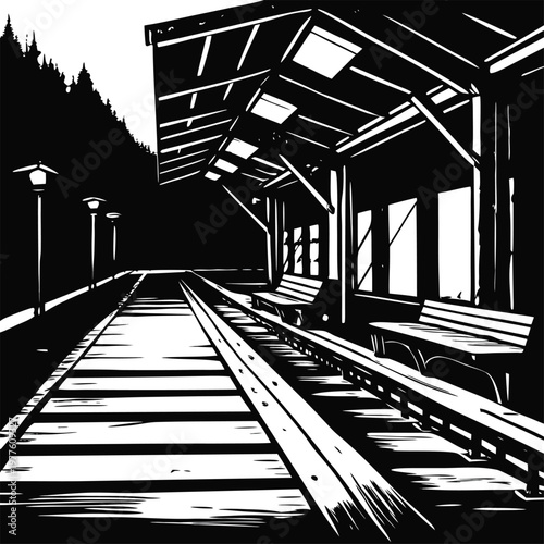 abandoned train station, black and white illustration, vector artwork, railway platform