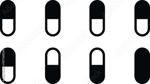 Eight black and white capsule shapes with varying fill patterns on a white background pill medicine
