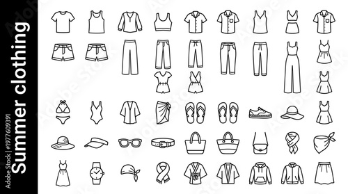 Summer clothing line style icons, 40 unique objects including t-shirt, tank top, blouse, crop top, short-sleeve shirt, sundress,