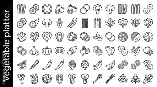 Vegetable platter line style icons, 40 unique objects including carrot sticks, cucumber slices, bell pepper rings, cherry tomatoes