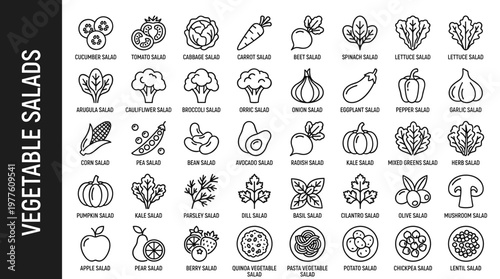 Fresh bowls of cucumber salad, tomato salad, cabbage salad, carrot salad, beet salad, spinach salad, lettuce salad, arugula salad,