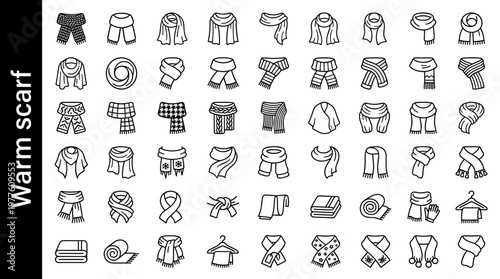 Warm scarf line style icons, 40 unique objects including knitted scarf, wool scarf, cashmere scarf, cotton scarf, silk scarf,