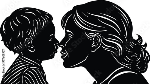 Two side profile faces of a woman with long wavy hair in black and white style side view long hair