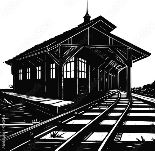 Vintage train station, railway platform, black and white illustration, vector graphics