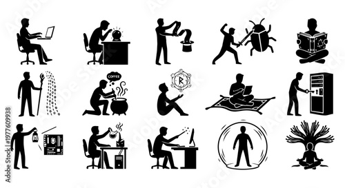 A comprehensive set of black and white silhouette icons related to technology, programming, data science, problem-solving, and magical metaphors for modern work and digital innovation.