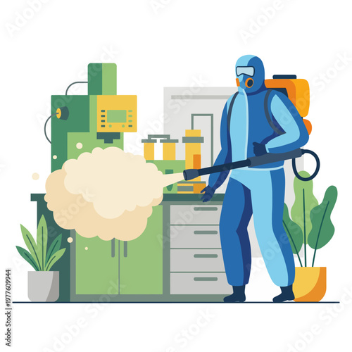 An illustration of a worker in safety gear using a spray device in a laboratory, emphasizing the importance of pest control and safe handling of chemicals in modern agriculture.