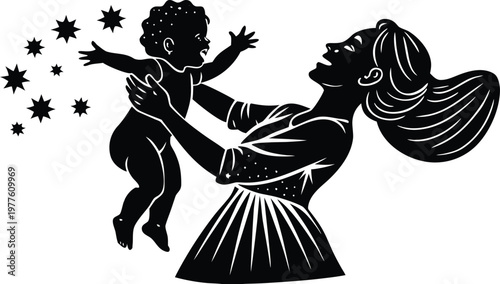 Woman with long wavy hair in a bun hairstyle dancing with a black cat under falling stars in black and white