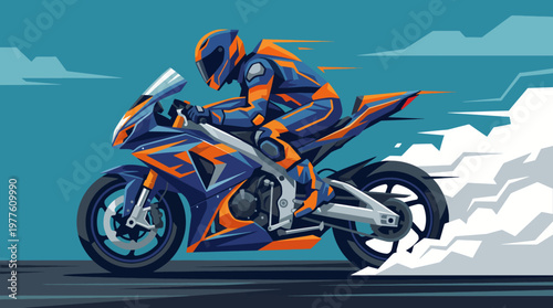 An energetic illustration of a motorcyclist in action, riding a high-performance motorcycle on an open road, capturing the thrill and excitement of speed and adventure in a colorful style.