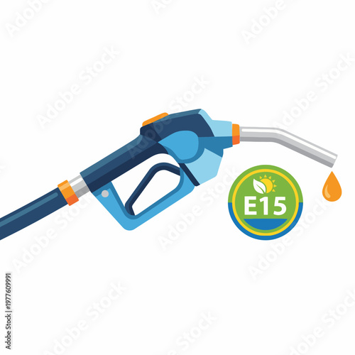 An illustration of a gas pump highlighting the E15 biofuel option, promoting renewable energy sources and eco-friendly fuel alternatives for modern vehicles and environmental awareness.