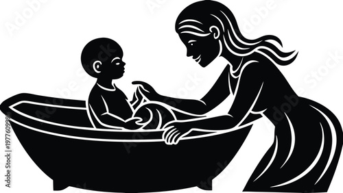 Woman with long wavy hair in a bun hairstyle sitting on a crescent moon in black and white long hair