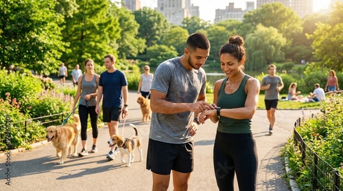A man and woman review their smartwatch data while on a sunny park path. Other people walk dogs, jog, and relax on the grass in Central Park, New York City