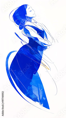 Elegant woman in flowing blue dress, gracefully posed with artistic lines and shapes, showcasing a modern illustration style with vibrant colors and dynamic movement