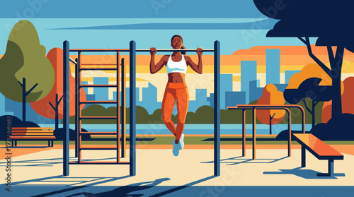 A strong athlete demonstrates determination while exercising on pull-up bars in an urban park at sunset, symbolizing physical fitness and active living.