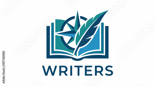 A sleek and modern logo design featuring an open book and a quill, symbolizing creativity and the art of writing, perfect for authors or writing communities.