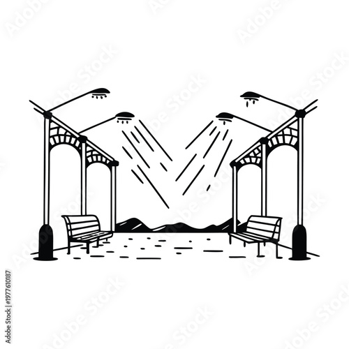 City street, urban landscape, black and white illustration, vector scenery, cityscape, streetlights, benches