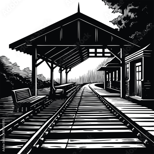 black and white, vintage train station, railway platform, monochrome illustration