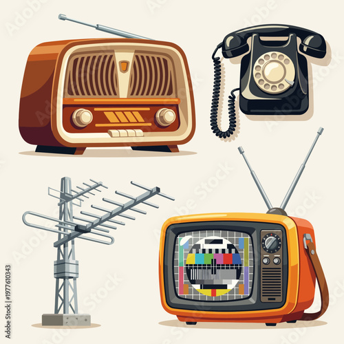 This vintage illustration features retro communication devices like a radio, telephone, and television set, embodying nostalgia while reflecting on the progression of communication technology.