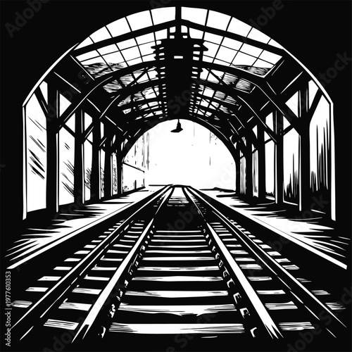 train station, railroad tracks, tunnel, black and white, vector illustration, transportation background