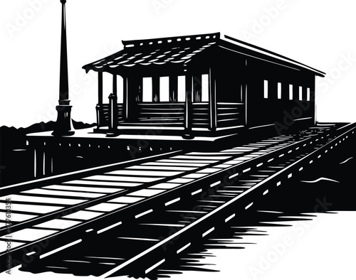 Train station, railway platform, black and white illustration, vector graphics