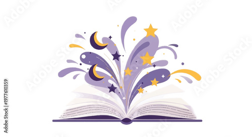 Magical open book with stars and crescent moons, whimsical storytelling concept vector, purple fantasy literature illustration for education and imagination