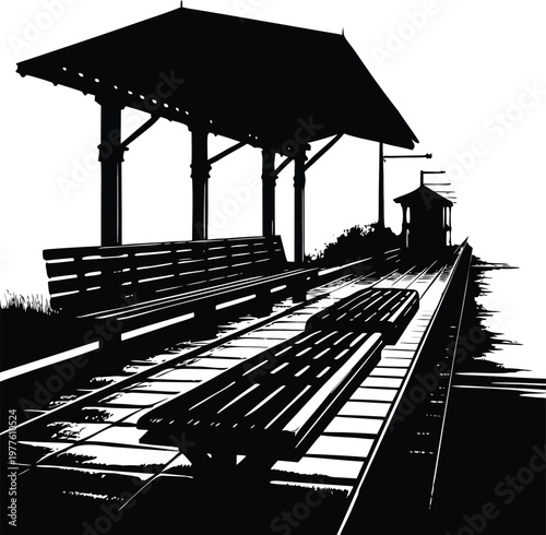 Train station, railway platform, black silhouette, vector illustration, transportation background