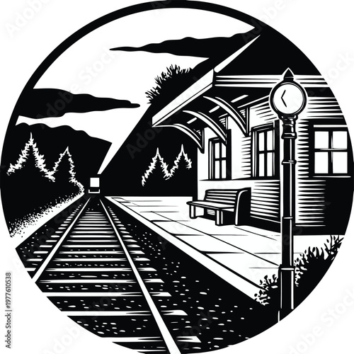vintage train station, railway platform, monochrome illustration, black and white vector