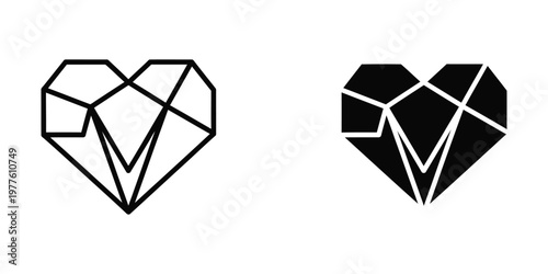 Geometric heart shapes composed of triangular and diamond segments in contrasting styles