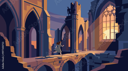 A silhouette of a girl running through ancient ruins with a breathtaking sunset backdrop symbolizing adventure, exploration, and the beauty of forgotten places.