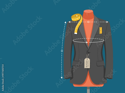 This image features a sleek, tailored suit displayed on a mannequin, complete with measuring tape, emphasizing the art of custom clothing design and fitting for individual styles.