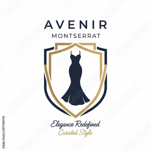 A sophisticated logo for Avenir Montserrat showcasing a sleek dress silhouette represents high-end fashion, elegance, and curated styles for modern women.