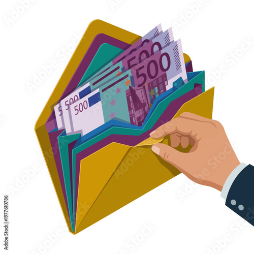 A compelling illustration of an envelope containing stacks of euro banknotes, symbolizing financial transactions, wealth management, and the importance of money in daily life.