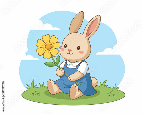 This charming illustration showcases a cute bunny character sitting on grass, holding a flower against a bright sky backdrop, symbolizing innocence and joy in nature's beauty.