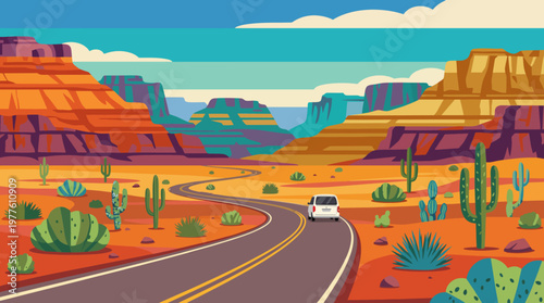 A picturesque desert road winding through vibrant red and orange rock formations, representing the adventurous spirit of travel and the breathtaking beauty of the landscape.