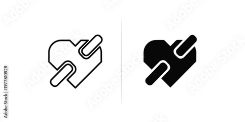 Contrast of a white outline and black filled abstract plug and heart icon design