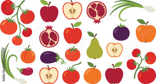 Colorful Fruits and Vegetables Collection with Tomatoes, Apples, Pears, Pomegranates, Eggplant, and Green Onions for Healthy Eating and Organic Designs