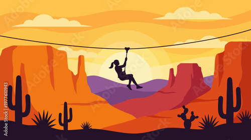 A thrilling silhouette of a person ziplining across a vibrant desert landscape featuring stunning rock formations and a beautiful sunset background, capturing adventure and excitement.