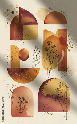 Abstract Geometric Shapes, Floral Accents, Mid-Century Modern Aesthetic