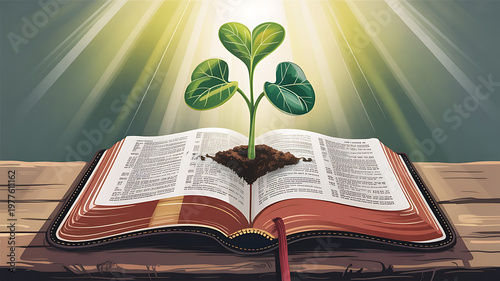 Open Bible with Sprout Growing from Pages, Symbolizing Faith and Growth
