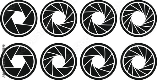 Eight Black Camera Aperture Icons with Varying Blade Positions lens diaphragm