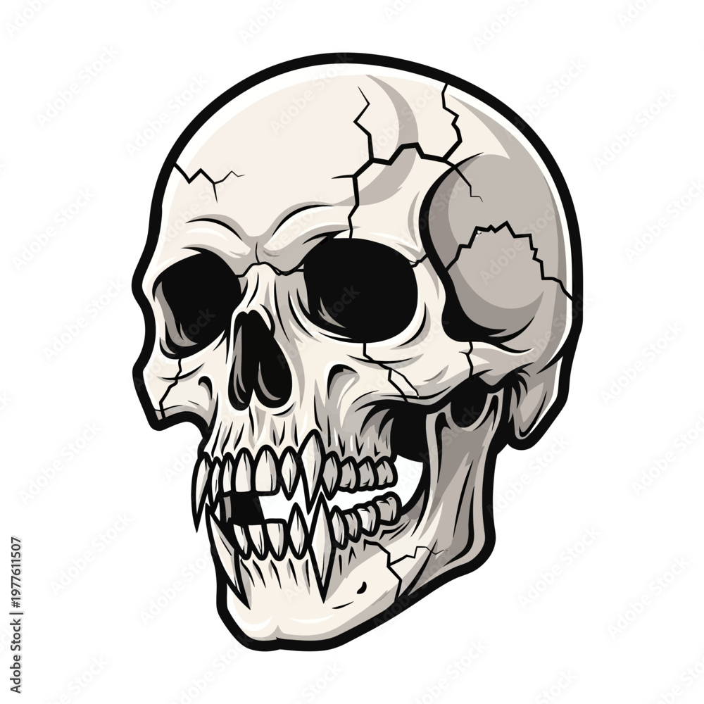 Obraz premium Cracked human skull with sharp teeth, horror, scary, gothic, dark art