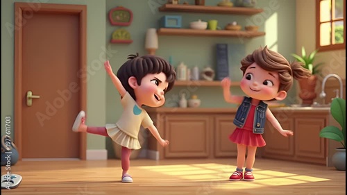Happy kids performing energetic dance routine for family at home