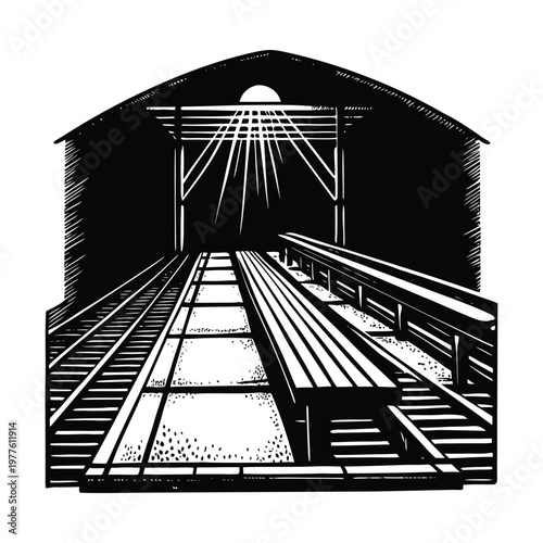 Abandoned train station, vintage railway platform, monochrome illustration, black and white