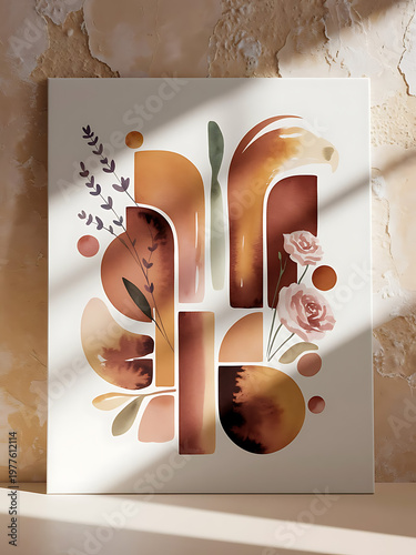 Sunlit Contemporary Abstract Botanical Watercolour Art Print with Earthy Tones