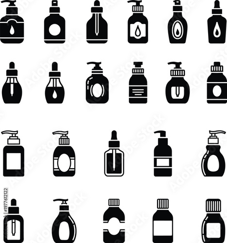 Collection of cosmetic and skincare bottle icons with black and white medicine bottle beauty produ