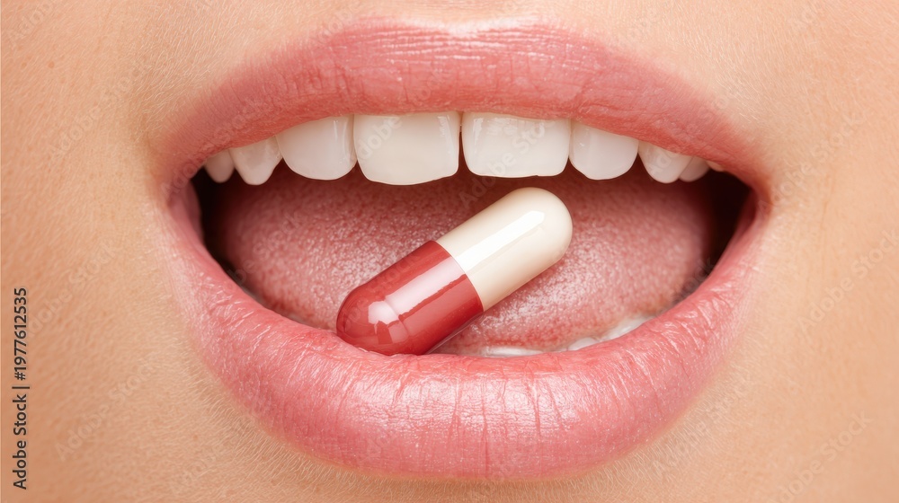 Naklejka premium Human mouth holds a capsule pill on the tongue.