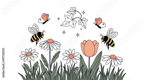 Bees fly around colorful flowers outdoors.